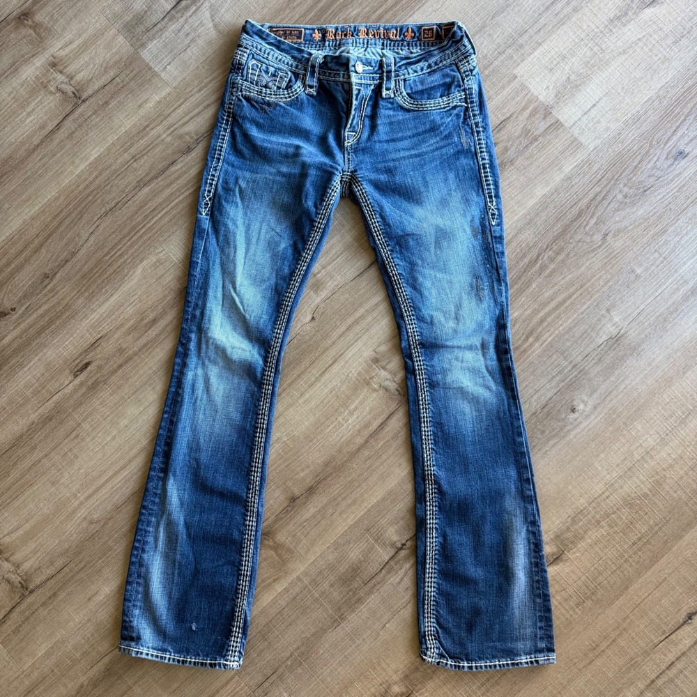 Rock Revival Kai Bootcut Jeans Womens 28 Medium Wash Distressed Fleur De Lis